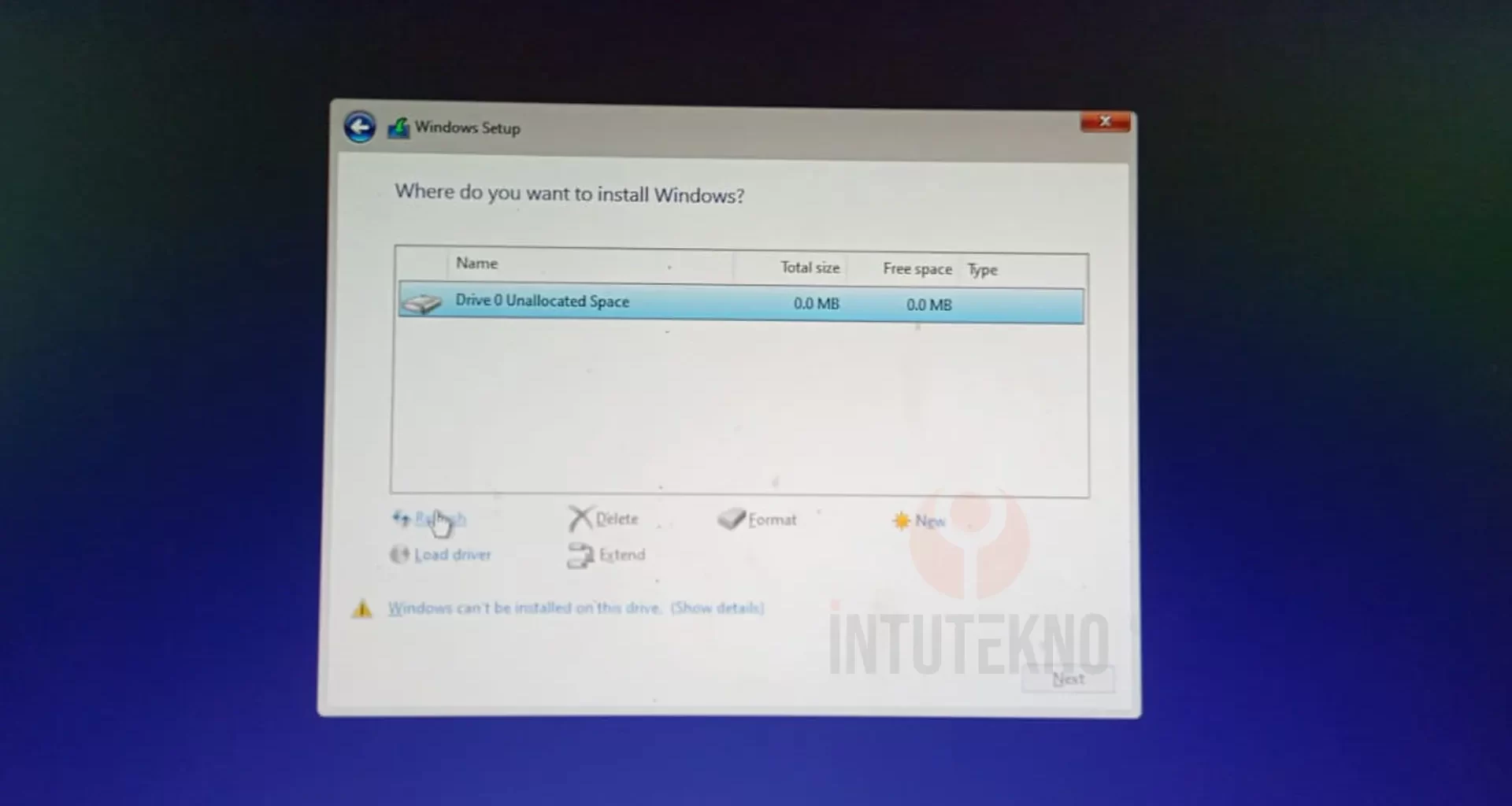 tidak bisa menginstal windows-drive 0 unallocated space