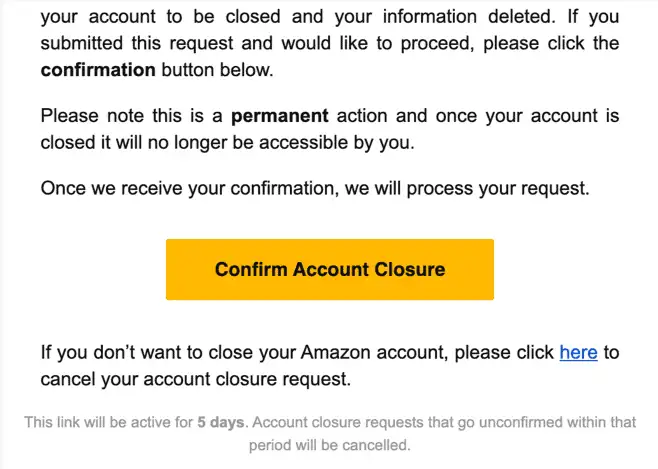 Konfirmasi penutupan akun Amazon