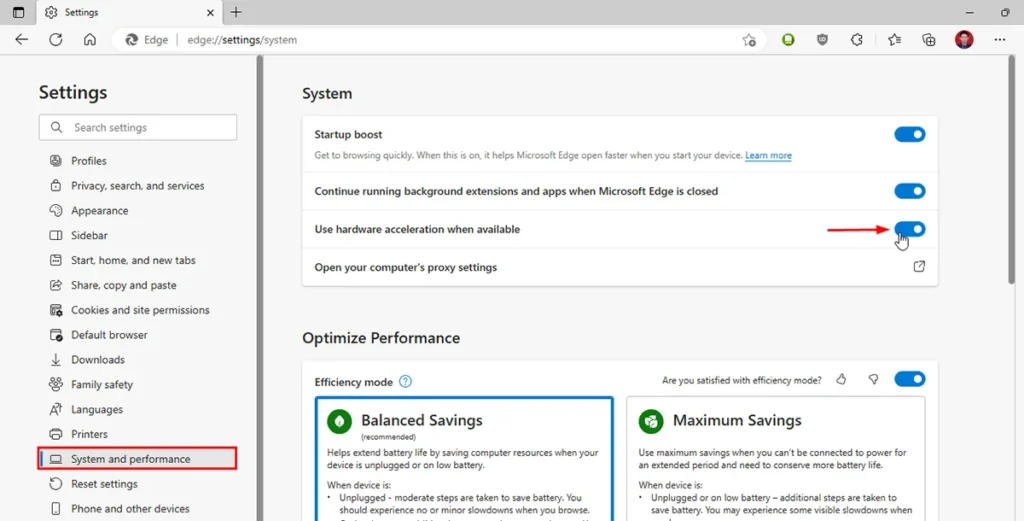 menonaktifkan akselerasi hardware browser edge