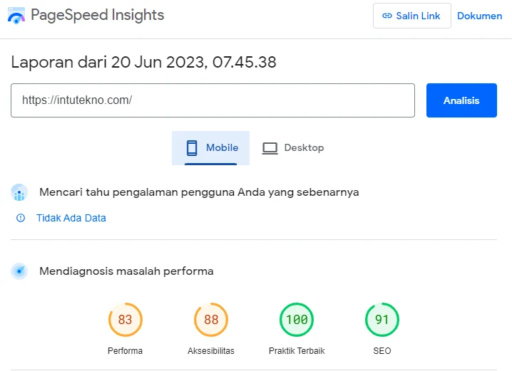 Hasil tes pagespeed