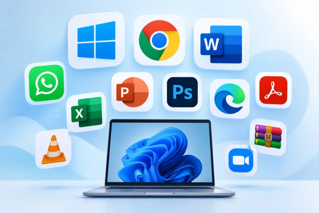 Kolase contoh software: Logo Windows, Chrome, MS Word, WhatsApp, PhotoShop, VLC, dll.
